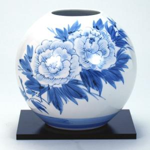九谷焼 仲田錦玉 7号花瓶 渦打青粒鉄仙 桐箱付 : 九谷焼 STYLeNCE