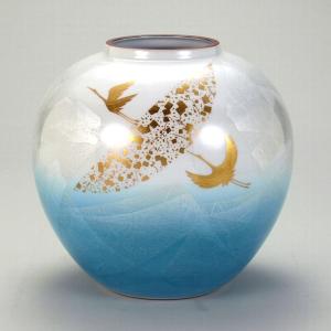 九谷焼 金箔鶴連山 一泉作 花器 九谷焼 花瓶 金箔鶴 8号 ( 木箱名入れ有料 木札名入れ有料 花器
