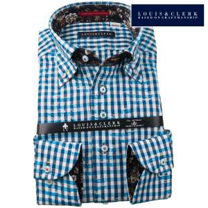 ワイシャツ| 長袖綿100％ワイシャツ ボタンダウン ギンガムチェック＆フラワージャガード 白 濃紺 スカイ 1910  (2106ss)