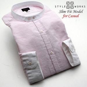 カジュアルシャツ 麻綿 クレリックバンドカラー ピンクボーダー ( sale_rwd )｜styleworks