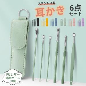 耳かき みみかき 耳掻き 6点セット PUレザー ケース付属 耳掃除 耳垢 掃除 子供 大人 赤ちゃん コンパクト ステンレス 携帯 耳掃除セット