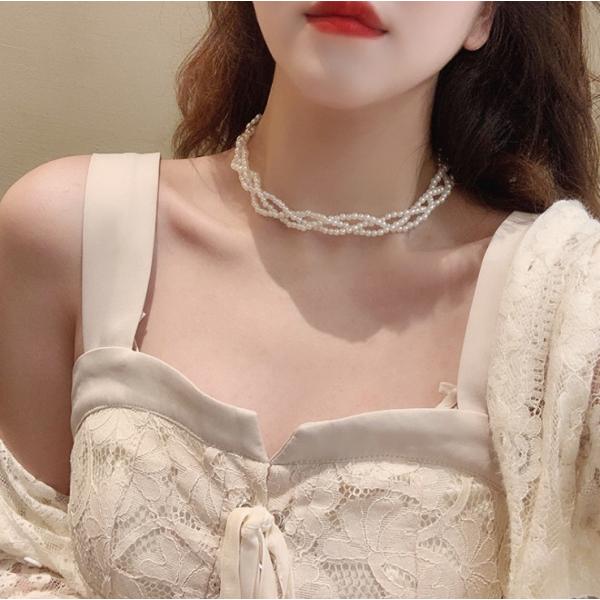 ネックレス　チョーカー　パール　3連パール　カラー：ホワイト