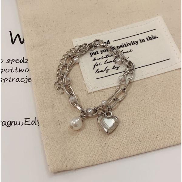 【レディース ブレスレット】 チェーン 2連 ハート 人工パール【カラー：シルバー】