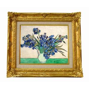 世界の名画 ゴッホ アイリスのある花瓶黄色い背景 ジクレーキャンバス