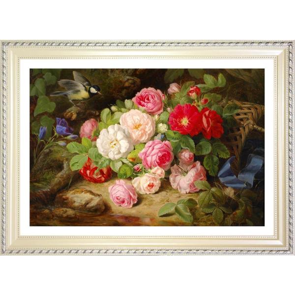 Josef Lauer ばらの花束 （鳥と青いリボンのバラのバスケット）ジークレーポスター額装品