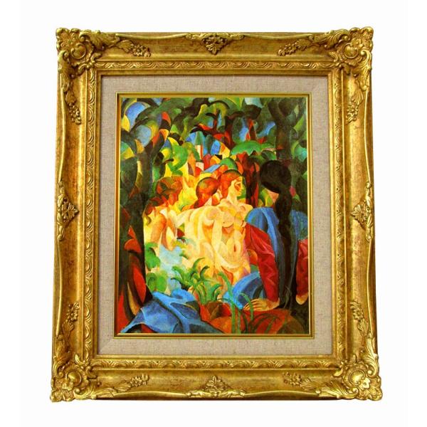 世界の名画　 マッケ　後ろに都市をのぞんで水浴する少女たち ジクレーキャンバス複製画 豪華額装品