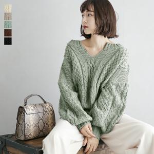 キーネック ニット ケーブル編み セーター プルオーバー レディース 長袖 【lgww-at2596】【即納：1-5営業日】宅込