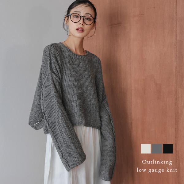 アウトリンキング ローゲージニットプルオーバー 長袖 クロップド丈 ラウンドヘム【lstpaw25-...
