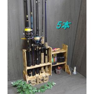 ロッドスタンド 10本 国産ヒノキ製 小物置き5枚棚 完成品（組み立て不要） ロッドスタンド 5本 小物置き 両サイド10段 国産ヒノキ製 木製 ロッド