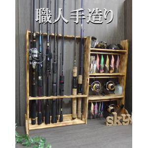 ロッドスタンド 6本 リールスタンド 小物置き 国産ヒノキ製 木製