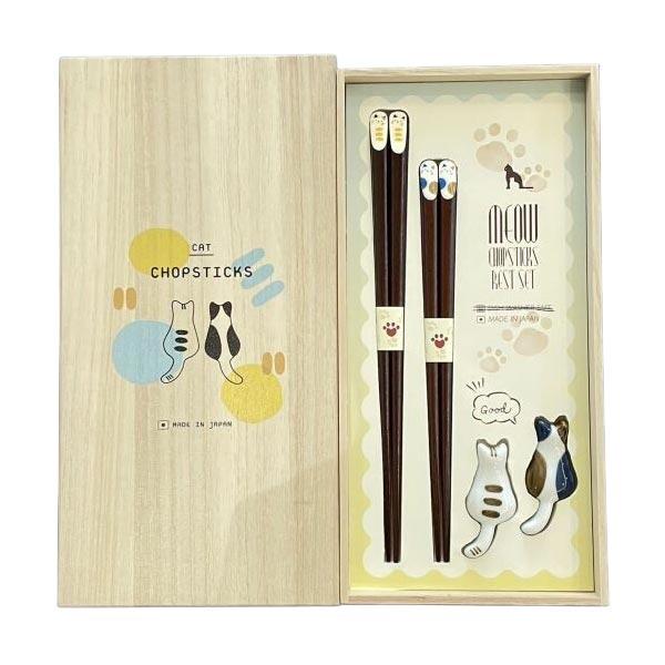 結婚祝い 夫婦箸 プレゼント ペアセット 桐箱入箸置付夫婦箸　ねこづくし ２膳セット ギフト 桐箱入...