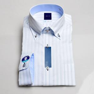 在庫処分 七分袖 形態安定加工 ボタンダウン ビジネスワイシャツ 裏地切り替えタイプ 綿40％ ブルー系ピンストライプ