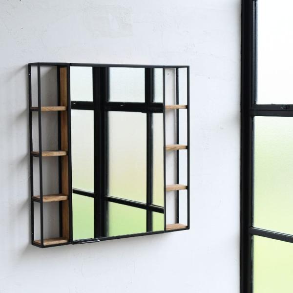 コンビネーションミラー 5080 ダブルフレーム 洗面鏡 手洗い場鏡 収納付鏡 鏡 アイアン 玄関手...