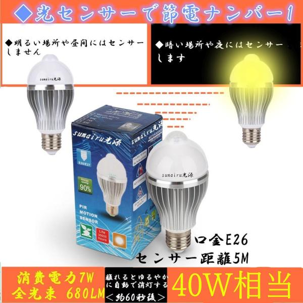 LED電球 E26　7W ひとセンサー 自動点灯 光センサー ＋ 人感センサー LED電球 7W 電...