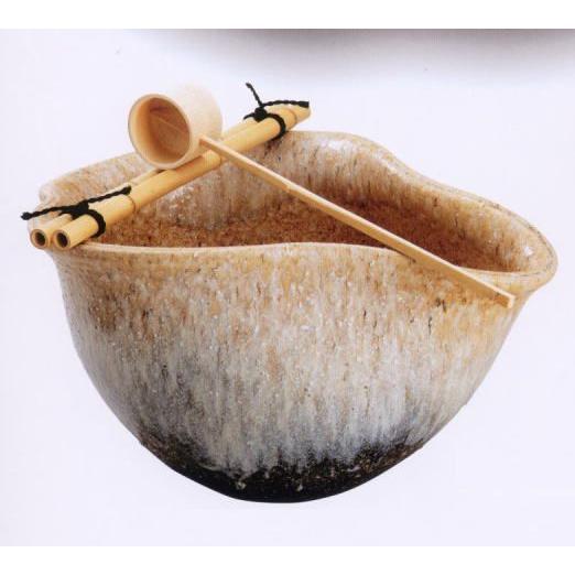 信楽焼 白 窯変 変形 つくばい 竹47ｃｍ