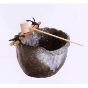 信楽焼 青 窯変 変形 つくばい 竹25ｃｍ