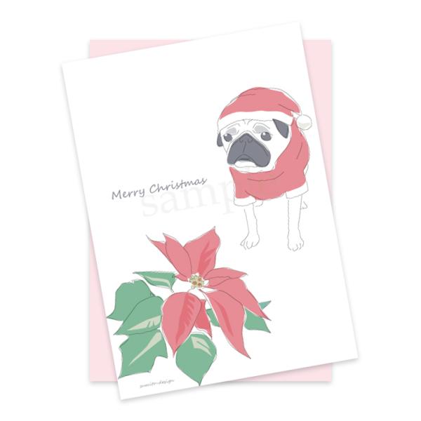 お花がいっぱい ポストカード（封筒付き）ポインセチアとパグ│クリスマス