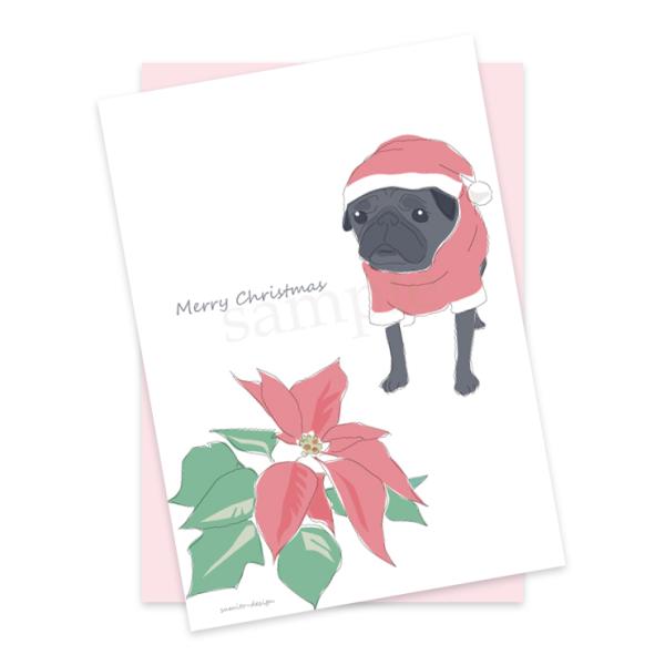 お花がいっぱい ポストカード（封筒付き）ポインセチアと黒パグ│クリスマス