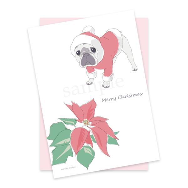 お花がいっぱい ポストカード（封筒付き）ポインセチアとフレンチブルドッグ（クリーム）│クリスマス