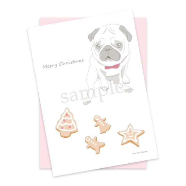 ポストカード（封筒付き）クリスマスクッキーとパグ