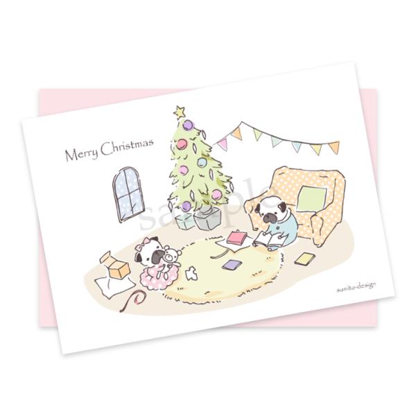 お花がいっぱい ポストカード（封筒付き）クリスマスツリーとパグ