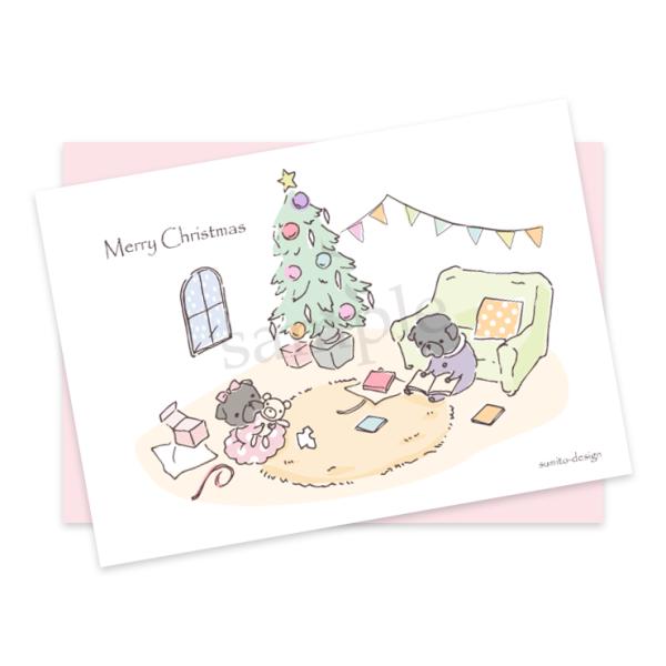 お花がいっぱい ポストカード（封筒付き）クリスマスツリーと黒パグ