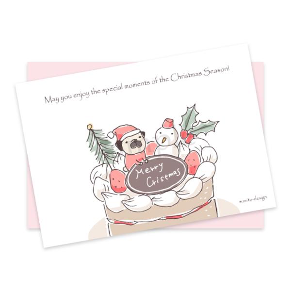 お花がいっぱい ポストカード（封筒付き）クリスマスケーキとパグ