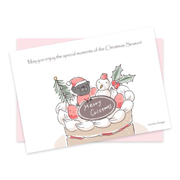 お花がいっぱい ポストカード（封筒付き）クリスマスケーキと黒パグ