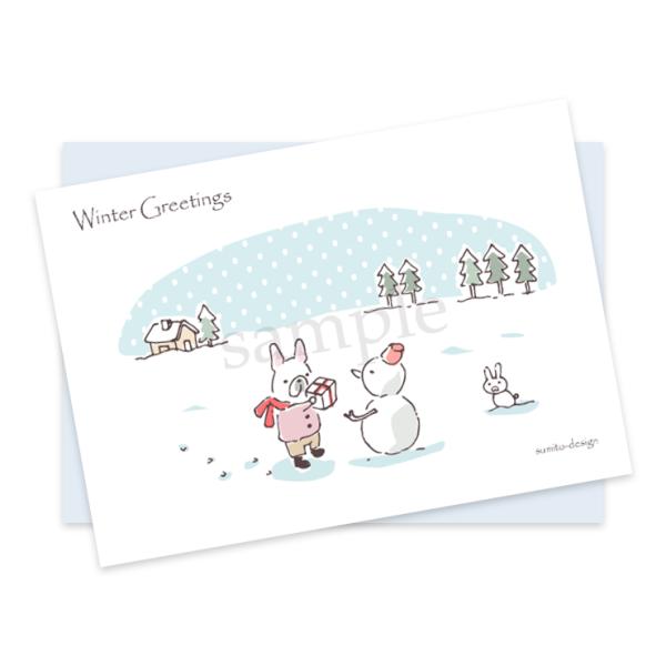 ポストカード（封筒付き）ゆきだるまとフレンチブルドッグ（クリーム）