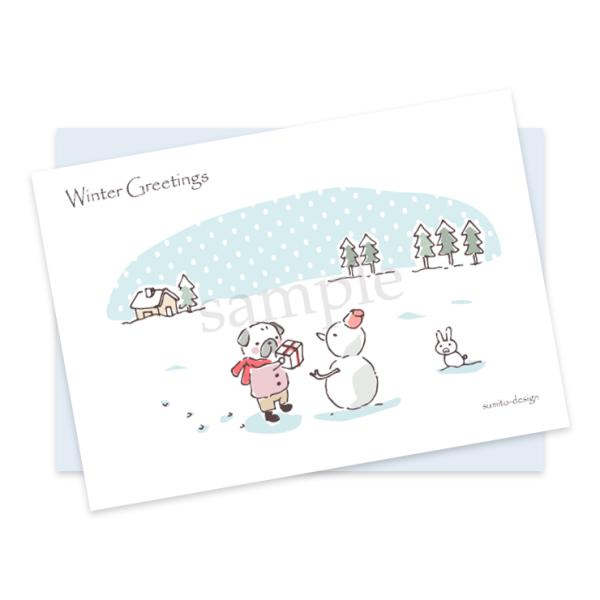 ポストカード（封筒付き）ゆきだるまとパグ（フォーン）