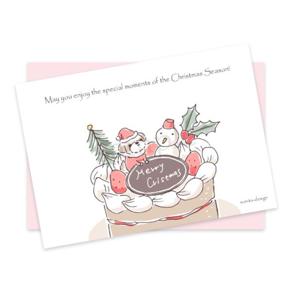 お花がいっぱい ポストカード（封筒付き）クリスマスケーキとシーズー