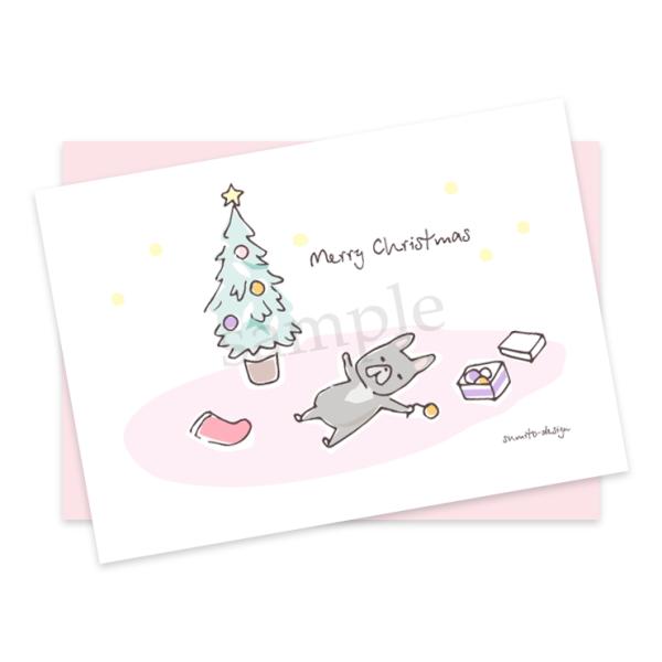 ポストカード（封筒付き）クリスマスツリーとフレンチブルドッグ（ブリンドル）