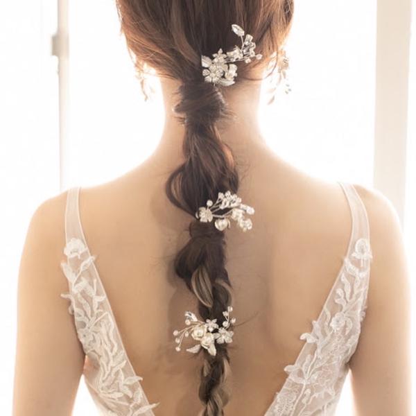ウェディング ヘッドドレス【小枝 シルバー フラワー＆パール 3P ヘアピン】