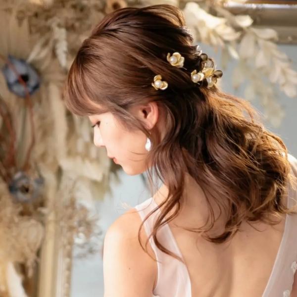 ウェディング ヘッドドレス【ゴールド フラワー パール 5P ヘアピン 】