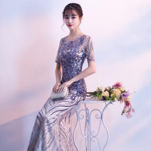 2018新入荷 パーティードレス 結婚式 マーメイドライン スパンコール エレガント セクシー ロングドレス 細身 演奏会 ステージ衣装hs4015