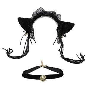 Fantasyon 猫耳カチューシャ黒 チョーカー 鈴 ヘッドドレス もこもこ くき チョーカーセット ロリータ コスプレ コスチュー ム用小物