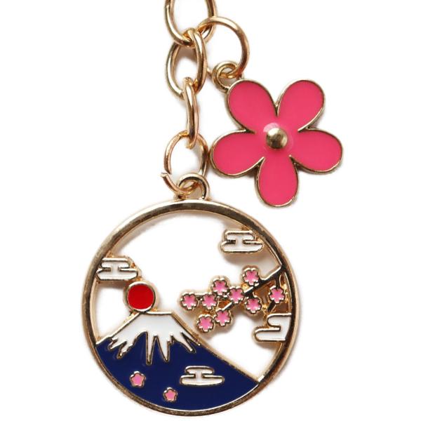 キーホルダー 富士山と桜の花びら 合金製 和風キーチェーン・キーリング