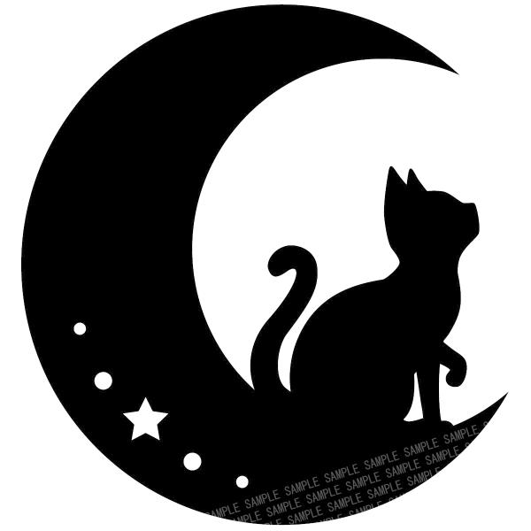 猫と月 カッティングステッカー ネコと月と星のデザイン 黒 カーステッカー 転写シール 車・バイクな...