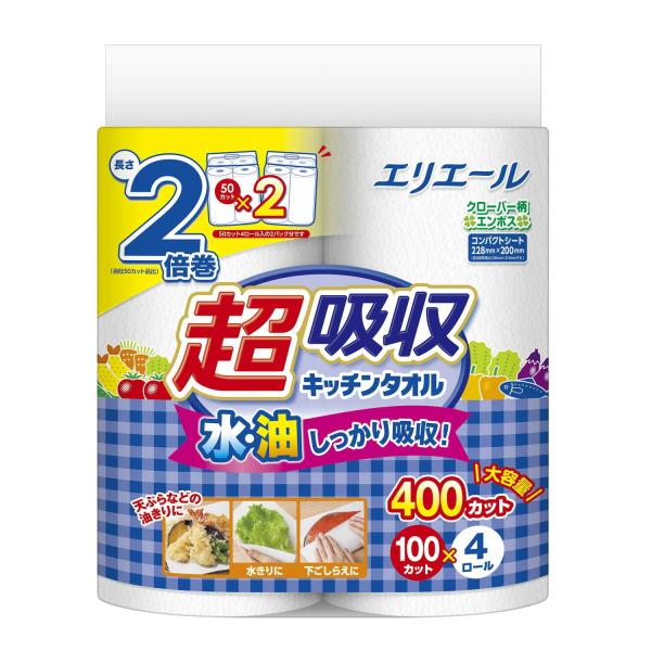 大王製紙 エリエール超吸収キッチンタオル 4ロール（100カット）【12個セット】