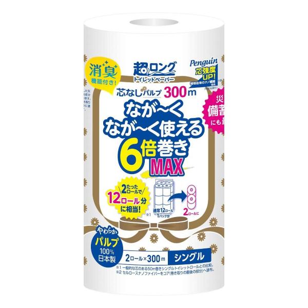 丸富 ペンギン超ロングパルプ6倍巻きシュリンク シングル 300m×2ロール【8個セット】