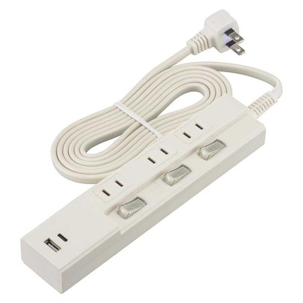 オーム電機 3個口 節電タップPD対応タイプC／Aポート付き HS-TPU32PD23-W