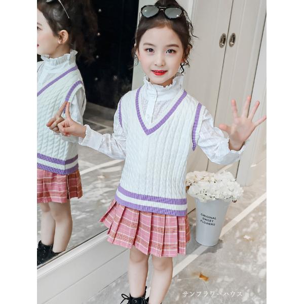 カジュアル 衣装 女の子 子供服 キッズ ベスト シャツ スカート 子供服 可愛い 通学 入園式 七...