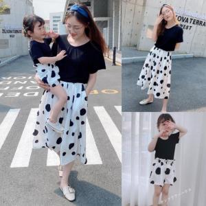 親子ペアルック リンクコーデ 親子 お揃い 親子コーデ 2点セット シャツ ワンピース スカート ズボン 娘 女の子 レディース 水玉柄 子供服 コットン 撮影 誕生日