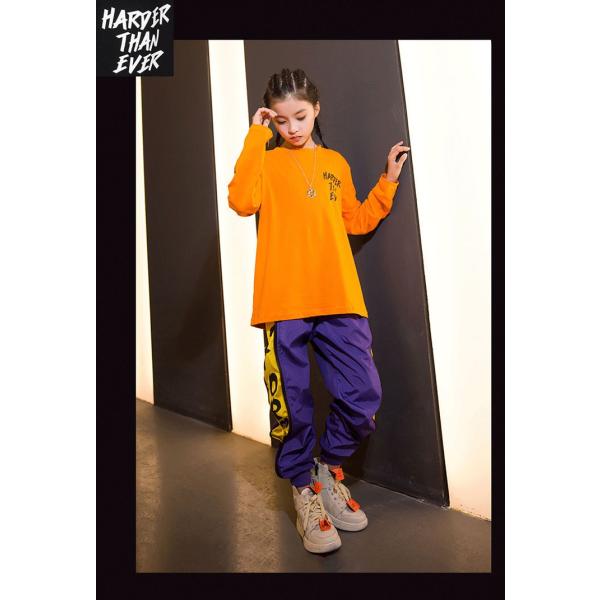 シャツ ロンT 長袖 キッズダンス 衣装 ヒップホップ オレンジ トップス  子供服 ジャズダンス ...