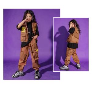 キッズ ダンス衣装 ヒップホップ セットアップ 迷彩柄 HIPHOP 子供 ベスト ダンストップス 長袖 迷彩パンツ ステージ衣装 子供服
