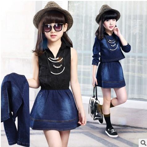 子供服 上下セット 女の子 キッズ ストレッチ デニムのスカート デニムのジャケット ワンピース 春...