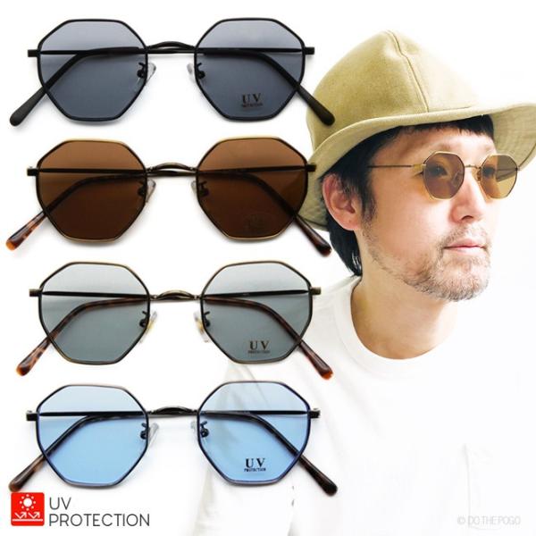 オクタゴンサングラス カラーレンズ ライトカラー メタルフレーム UVカット スリム メンズ レディ...