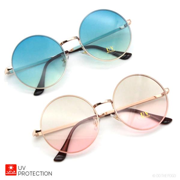ラウンドサングラス バックリム グラデーションレンズ ピンク ブルー UVカット 大きめレンズ レデ...