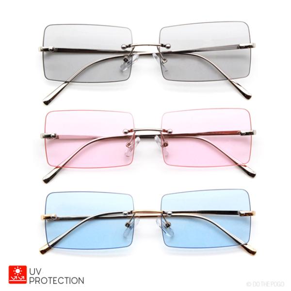 フレームレス カラーレンズ スクエアサングラス スリム 四角 グレー ピンク ブルー 全3色 メンズ...