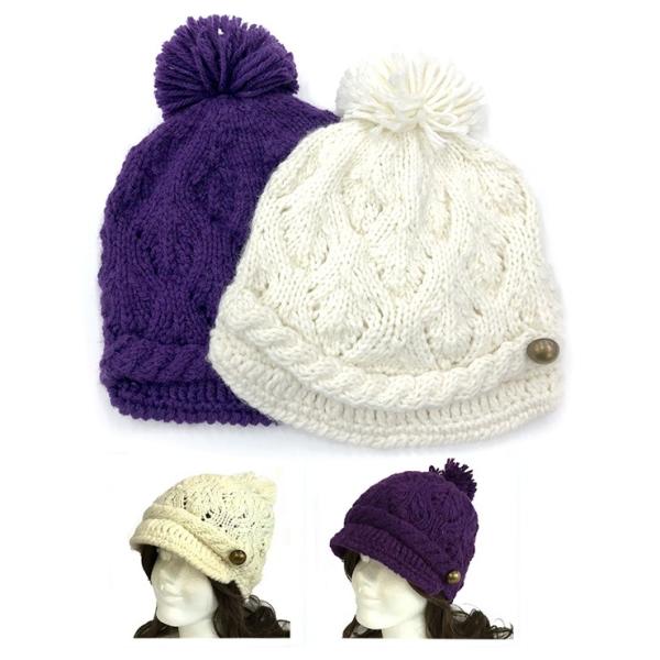 ニットキャスケット 5492516 帽子 レディース ケーブル柄 ぼんぼり 送料無料